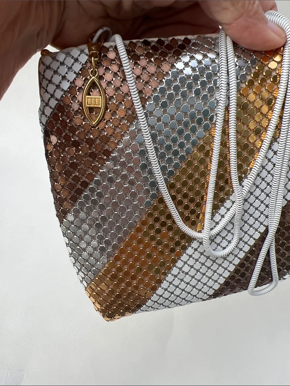 Vintage Warren Reed evening bag with diagonal stripe pattern metallic mesh